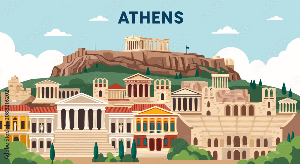 Obraz premium A stunning travel vector illustration design featuring the ancient historic landmarks of Athens for a vibrant city background wallpaper
