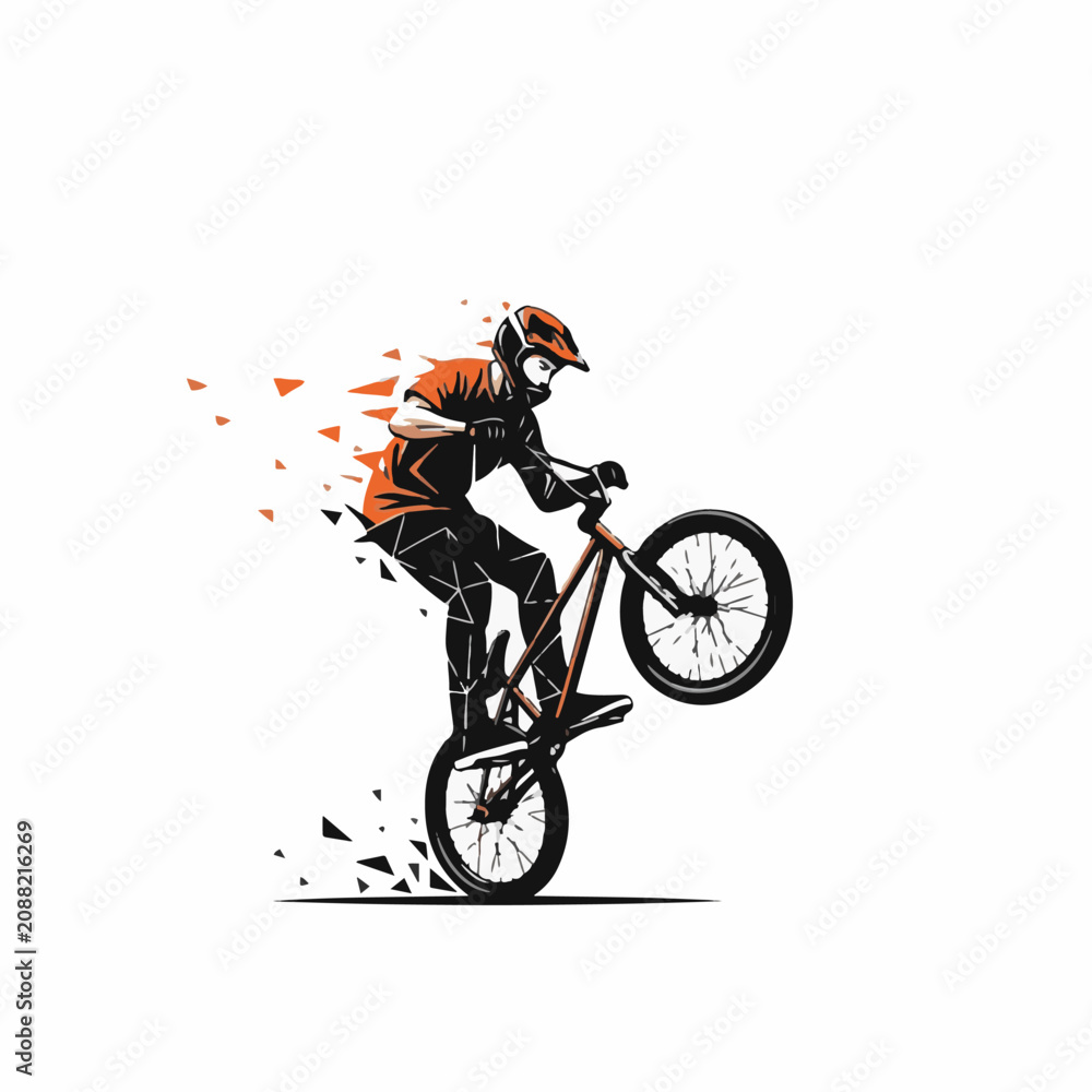 Obraz premium Stylized vector illustration of a male BMX rider performing a manual wheelie stunt, featuring dynamic geometric disintegration with orange and black triangular shards.