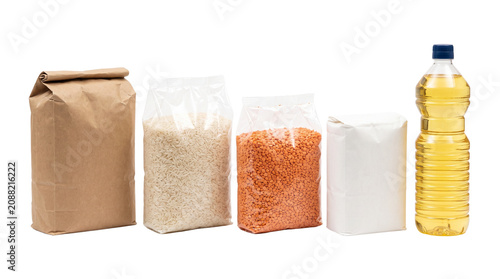 Essential food staples and pantry supplies, dry grocery products in plastic and paper packaging, cooking oil bottle with rice and lentils isolated PNG with Transparent Background