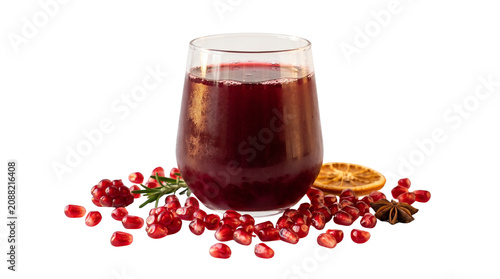 Fresh pomegranate juice in glass with seeds, healthy antioxidant fruit drink, organic red pomegranate beverage with orange and star anise isolated PNG with Transparent Background