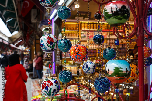 Colorful hand-painted Turkish ceramic ornament balls on display at souvenir shop in Grand Bazaar, Istanbul, Turkey
