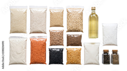 Essential food staples in plastic bags and glass jars, variety of dry grains and legumes for pantry storage, collection of bulk grocery supplies isolated PNG with Transparent Background