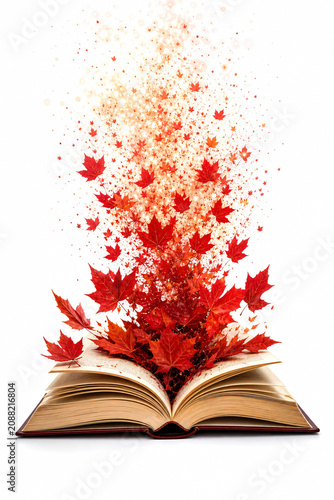 Surreal open book releasing flurry of red maple leaves white background concept