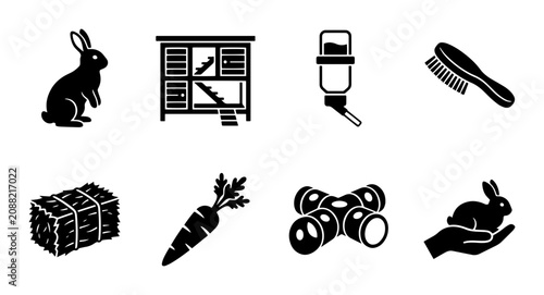 Foto Rabbit care icons, silhouette, for pet owners and breeders
