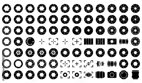 Photography Black camera shutter aperture vector icon set with photography lens symbols