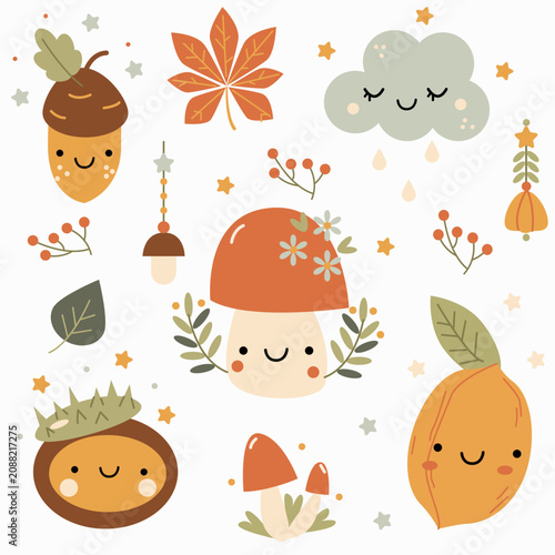 Cute autumn set with funny nuts and mushrooms