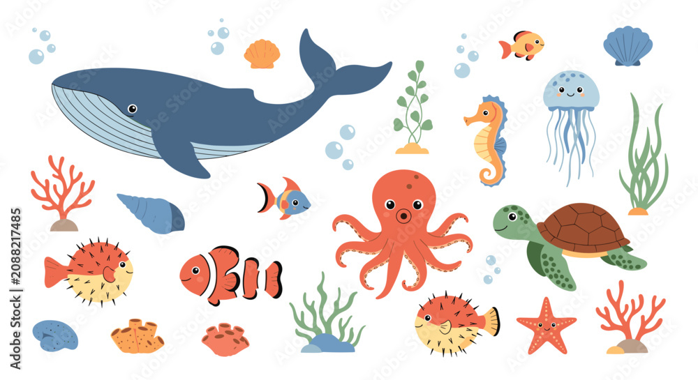 Obraz premium Vibrant underwater collection featuring various marine creatures like whales, octopuses, seahorses, and coral reef plants for educational use.