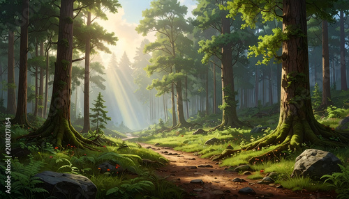 Sunlight streams through a lush forest path, illuminating tall trees and green undergrowth