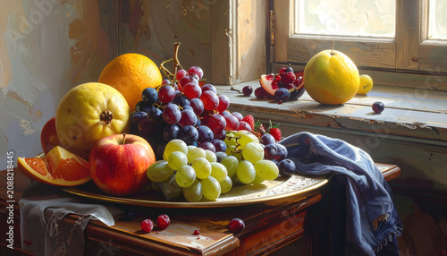 A classic still life of assorted fruits on a brass plate by a window