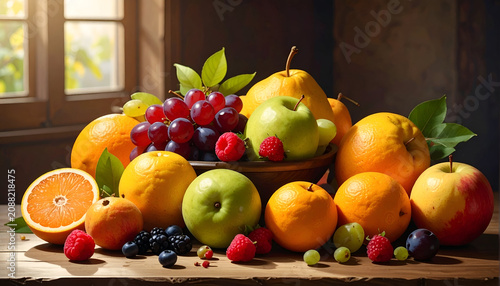 A bountiful still life features diverse fruits artfully arranged near a window
