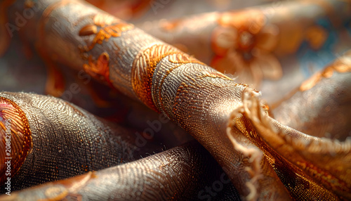 Close-up of rich, ornate fabric with detailed floral pattern and warm, shimmering textures