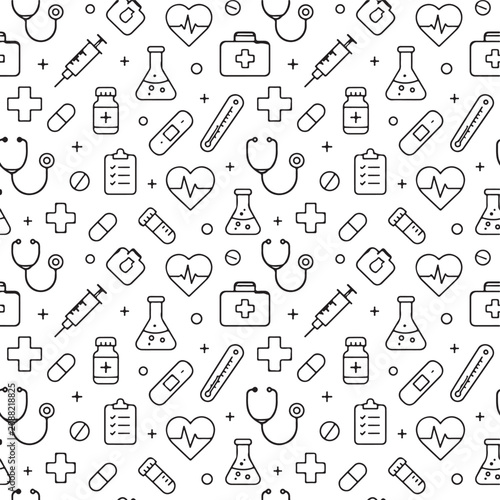 Medical and healthcare seamless pattern with hand drawn doodle icons Vector