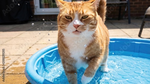 Cat in sunglasses surfs ocean wave concept. A playful cat splashes in a blue pool, enjoying summer fun.