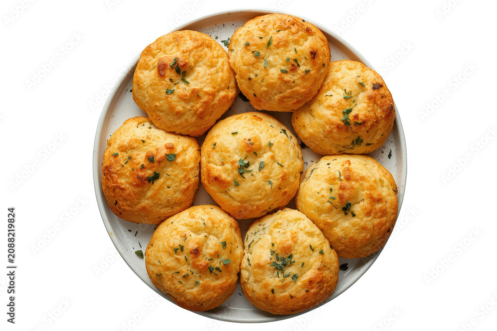 Fototapeta premium Savory cheese garlic biscuits with fresh herbs, baking as a homemade snack or appetizer, transparent background