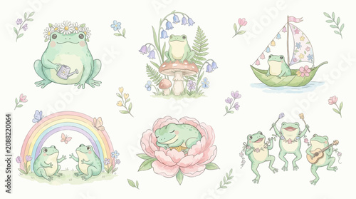Obraz na plátně Whimsical watercolor frog collection featuring twelve charming amphibian illustrations decorated with botanical floral arrangements and soft pastel garden elements for creative nursery design