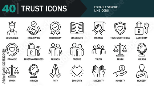 Obraz na plátně Trust Icon Set Featuring Symbols for Confidence, Credibility, Promise, Trustworthiness, Social Friendship, and Professional Illustration Design