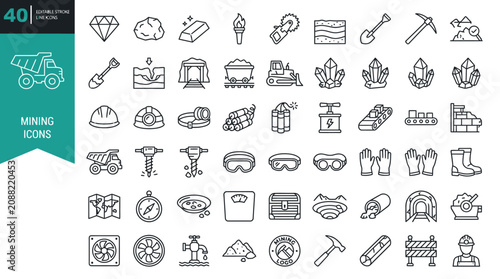 Comprehensive Collection of Eleven Minimalist Mining and Quarrying Vector Icon Featuring Editable Stroke Outline with Symbol for Diamond Extraction Gold Ore Burning Torch and Industrial Saw
