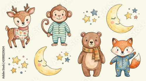 Photography Set of adorable watercolor nursery illustrations featuring a gentle deer, playful monkey, cuddly bear, curious fox, golden moon, and twinkling stars for children's bedroom decor and baby showers