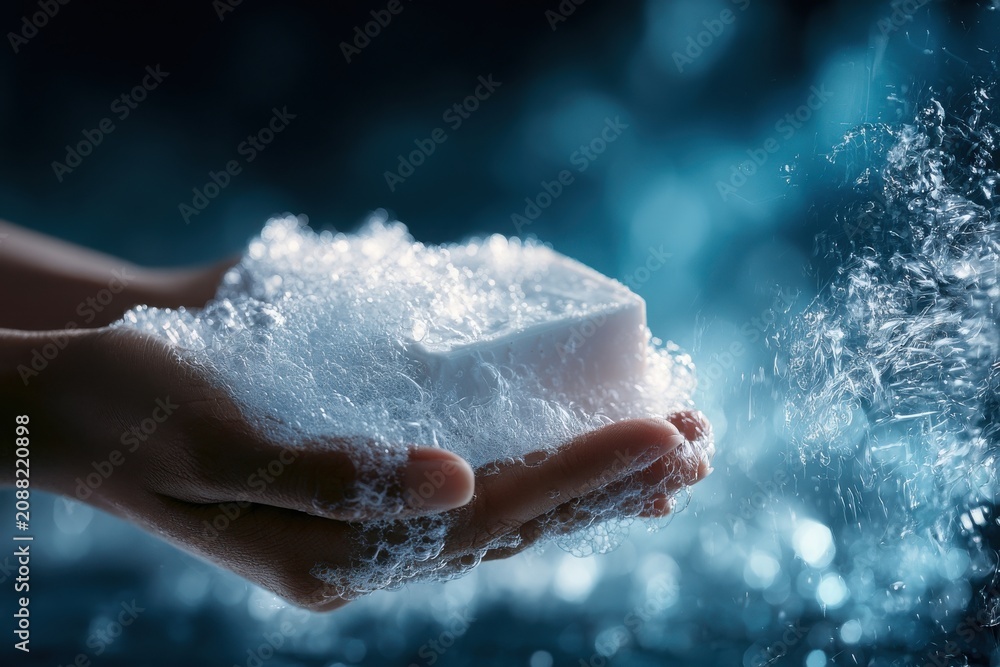 Fototapeta premium Hands lather soap with foam under blue light. Hygiene concept.