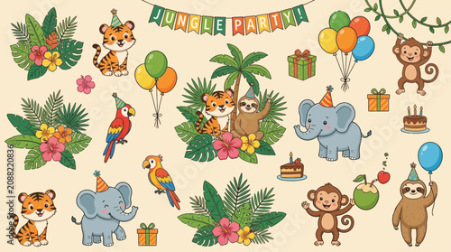 Photography Sweet safari nursery collection of cute baby jungle animals with festive birthday balloons and tropical botanical floral arrangements for celebration invitations and childish party decorations