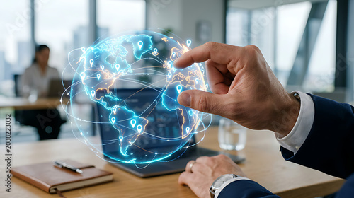 Futuristic digital globe highlighting global connectivity and technological innovation in a modern office setting