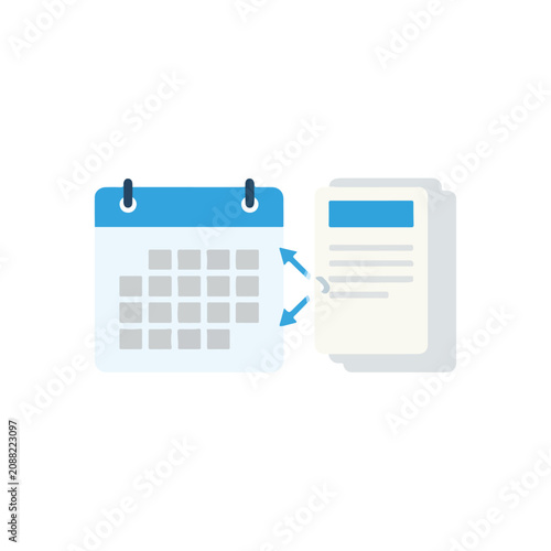 Fotografie A flat vector icon depicting a calendar and a document linked by a bidirectional arrow, symbolizing task scheduling and data synchronization