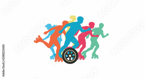 Colorful silhouettes of men and women roller skating in dynamic motion around a central tire, isolated vector illustration of skaters in various active poses on white background.
