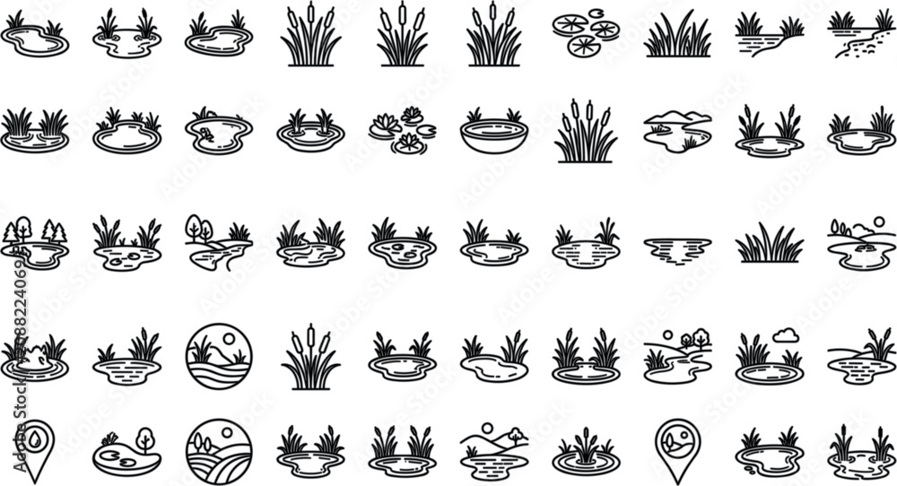 Fototapeta premium Pond and Wetland Nature Line Icon Set with Water Lilies Reeds Cattails Frogs Fountains and Lake Landscape Elements VectorPond and Wetland Nature Line Icon Set with Water Lilies Reeds Cattails Frogs Fo