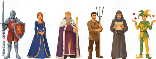 Foto Medieval Character Vector Set Featuring King Queen Knight Peasant Monk and Jeste