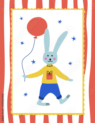 Greeting card with a cute bunny holding a balloon. Vector illustration for covers, scrapbooking, stickers, and more