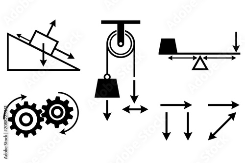 Φωτογραφία Physics science gravitation and simple machines mechanics icons set