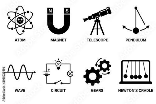 Quadro su tela Physics science and gravitation icons with atom magnet telescope