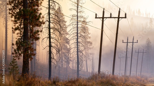 Power lines near trees in natural landscape, dangerous electrical infrastructure condition creating wildfire risk, utility cables surrounded by vegetation showing environmental safety concerns