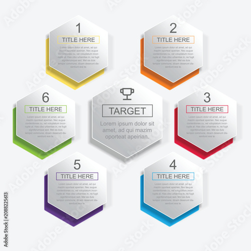 6 step Hexagon to target infographic. Number timeline. Business data chart, investment goal, marketing challenge, strategy presentation, achievement diagram. vector template