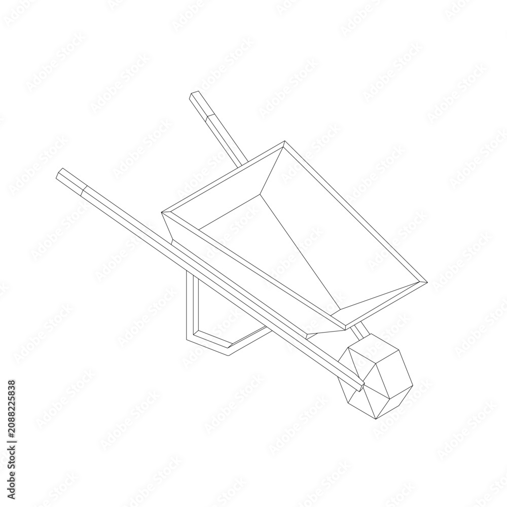 Obraz premium Black and white contour drawing of a low poly wheelbarrow with detailed handles and visible wheel on clean white background. Isometric view