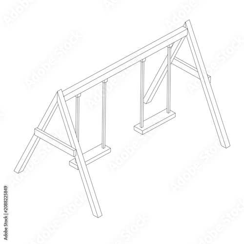 Wooden swing set with curved poles and a light frame on a white background, featuring a low poly contour style for children. Isometric view
