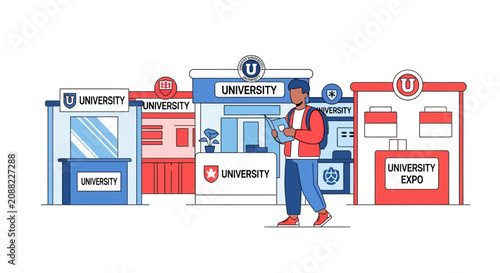 Student Choosing University at Education Expo with Booths and Information