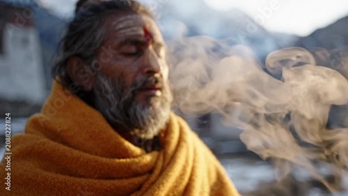 Cinematic close-up of a meditating sadhu in orange robes with incense smoke in a himalayan temple.