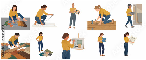 Tableau sur toile Set of flat vector illustrations of women architects and interior designers work