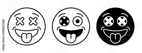 Fotografie Crazy Face Emoticon Icons, Dizzy Smiley Symbols, Black and White Vector Graphics