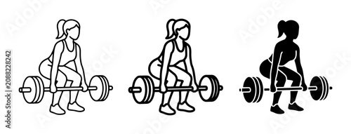 Woman Weightlifting Icons, Fitness Silhouette, Strength Training Vector Set