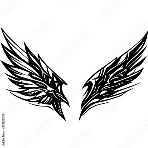 Tribal Wings Tattoo Design: A striking black and white illustration of a pair of stylized tribal wings, featuring sharp, angular lines and an aggressive, powerful aesthetic.