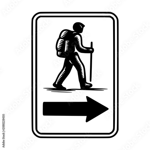 Hiking Trail Sign: A black and white graphic depicts a hiker with a backpack and walking stick, accompanied by a directional arrow pointing to the right, indicating a hiking path.
