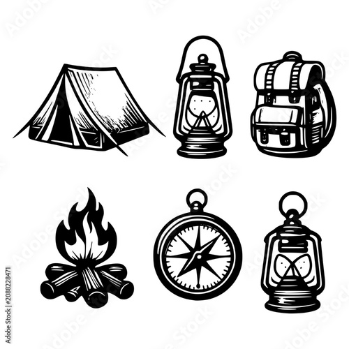 Camping Essentials: A collection of classic outdoor adventure icons including a tent, campfire, backpack, compass, and lanterns, rendered in a rustic hand-drawn style.