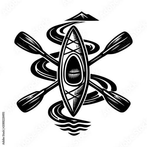 Kayaking Emblem: An artistic, stylized emblem depicts a kayak surrounded by winding water currents and crossed paddles, with a mountain silhouette in the background.