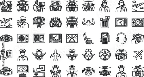 Aviation and Airplane Cockpit Line Icon Set with Pilots Flight Controls Radar Panels Badges and Air Traffic Management Elements VectorAviation and Airplane Cockpit Line Icon Set with Pilots Flight Con