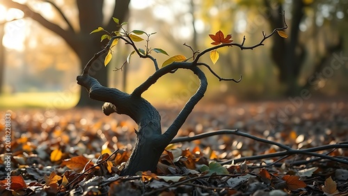 Young tree bent after a storm, surrounded by fallen leaves, morning light.