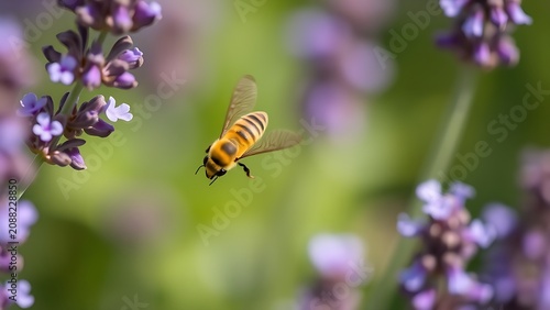 Tapety artystyczne A honeybee in flight among lavender flowers with blurred wings and a soft bokeh background.