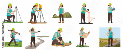 Collection of female land surveyors and civil engineers working in the field with professional equipment flat vector illustration