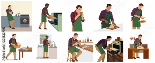 Flat vector illustration set of men baking fresh bread, kneading dough, slicing loaves, and using the oven in a home kitchen.